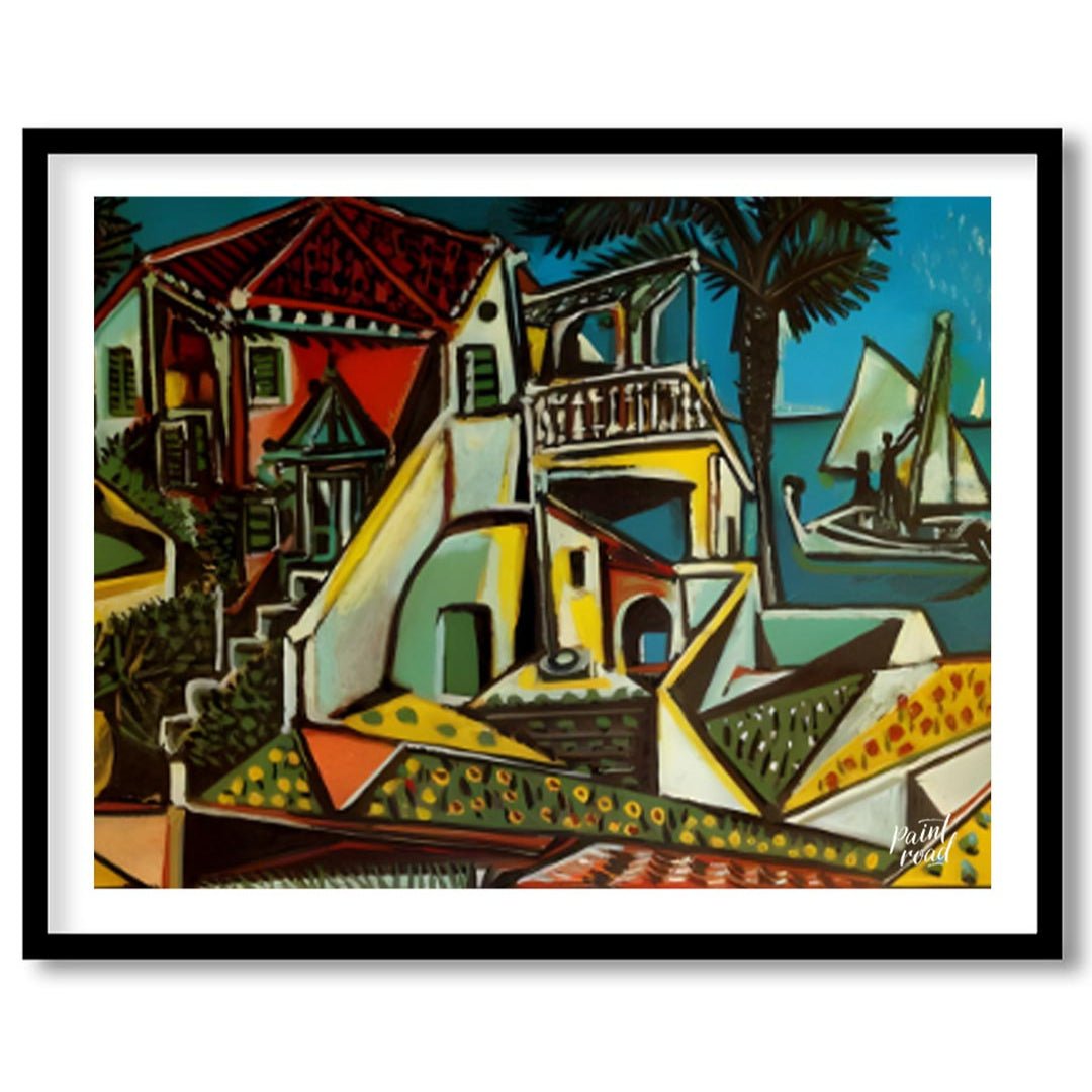 This vibrant painting, “Mediterranean Landscape” by Pablo Picasso, showcases a charming and colorfu… for place