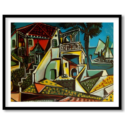This vibrant painting, “Mediterranean Landscape” by Pablo Picasso, showcases a charming and colorfu… for place