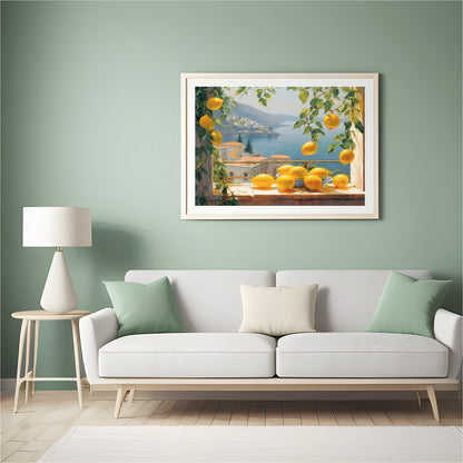 Capture the essence of the Mediterranean coast with this vibrant artwork that features sunlit for Hall