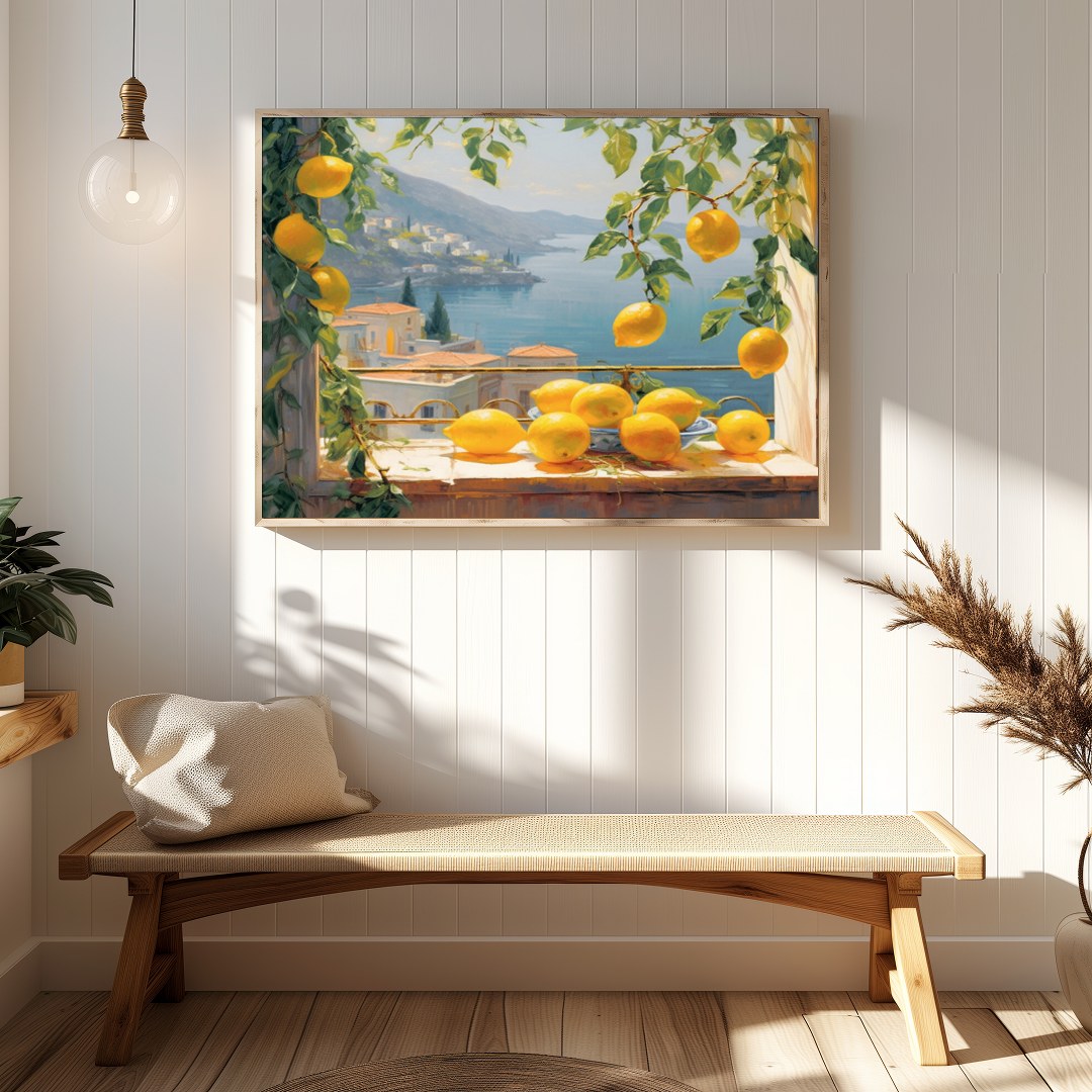 Capture the essence of the Mediterranean coast with this vibrant artwork that features sunlit for Hallway