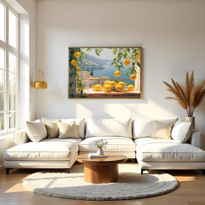 Capture the essence of the Mediterranean coast with this vibrant artwork that features sunlit for Living Room