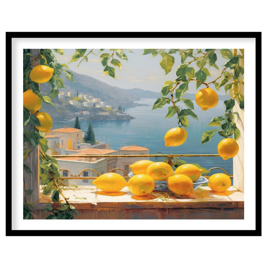 Capture the essence of the Mediterranean coast with this vibrant artwork that features sunlit for place