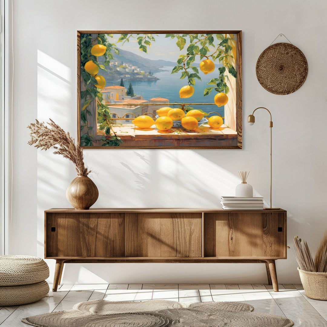 Capture the essence of the Mediterranean coast with this vibrant artwork that features sunlit for Sitting Area