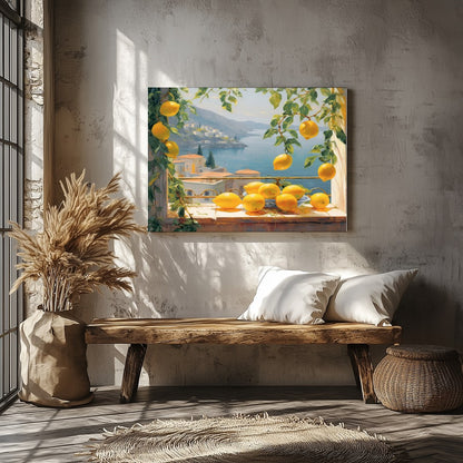Capture the essence of the Mediterranean coast with this vibrant artwork that features sunlit for Veranda