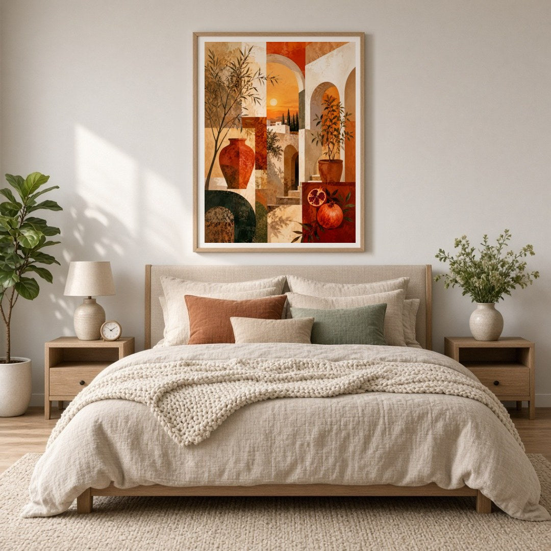 Invite a touch of Mediterranean warmth and charm into your space with this captivating art print. for Bedroom