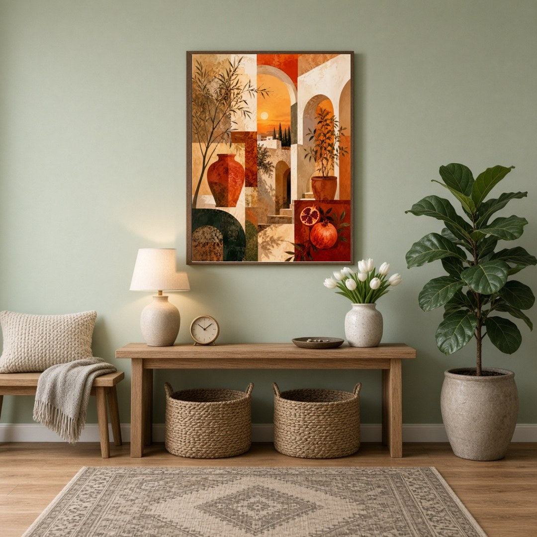 Invite a touch of Mediterranean warmth and charm into your space with this captivating art print. for Entrance