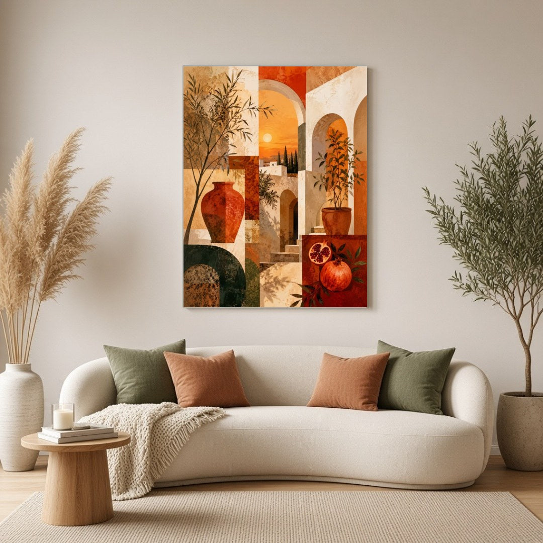 Invite a touch of Mediterranean warmth and charm into your space with this captivating art print. for Living Room