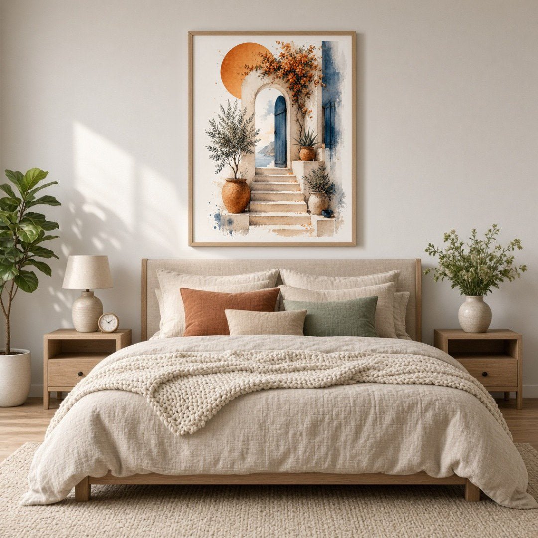This exquisite art print captures the tranquil essence of a Mediterranean setting, featuring a for Bedroom