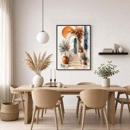 This exquisite art print captures the tranquil essence of a Mediterranean setting, featuring a for Dining