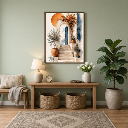 This exquisite art print captures the tranquil essence of a Mediterranean setting, featuring a for Entrance
