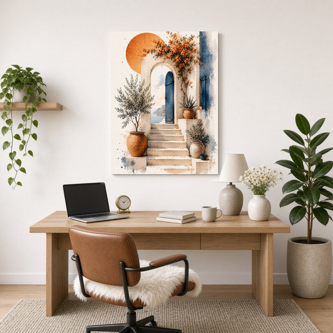 This exquisite art print captures the tranquil essence of a Mediterranean setting, featuring a for Home Office