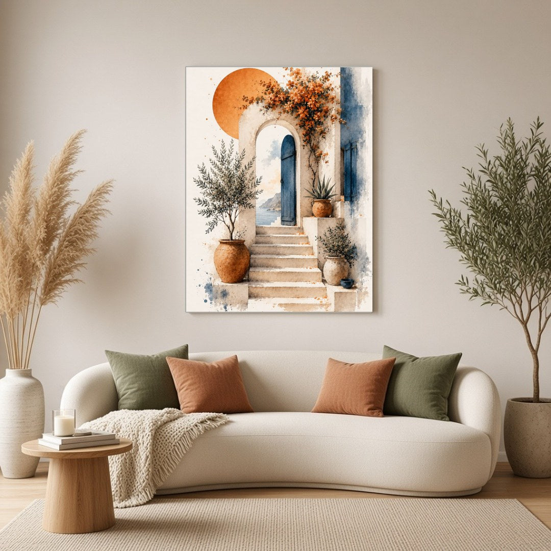 This exquisite art print captures the tranquil essence of a Mediterranean setting, featuring a for Living Room
