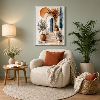 This exquisite art print captures the tranquil essence of a Mediterranean setting, featuring a for Reading Nook
