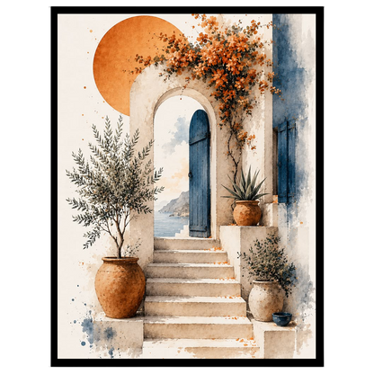 This exquisite art print captures the tranquil essence of a Mediterranean setting, featuring a for space