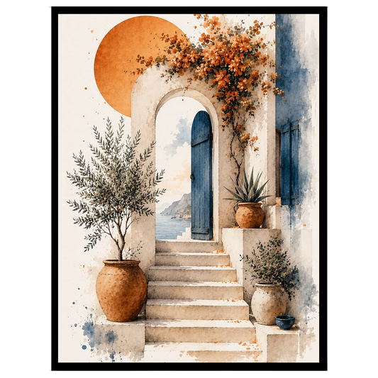 This exquisite art print captures the tranquil essence of a Mediterranean setting, featuring a for space
