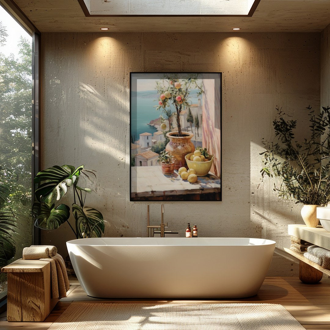 Immerse yourself in the tranquility of a Mediterranean scene with this exquisite wall art. for Bathroom