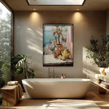 Immerse yourself in the tranquility of a Mediterranean scene with this exquisite wall art. for Bathroom