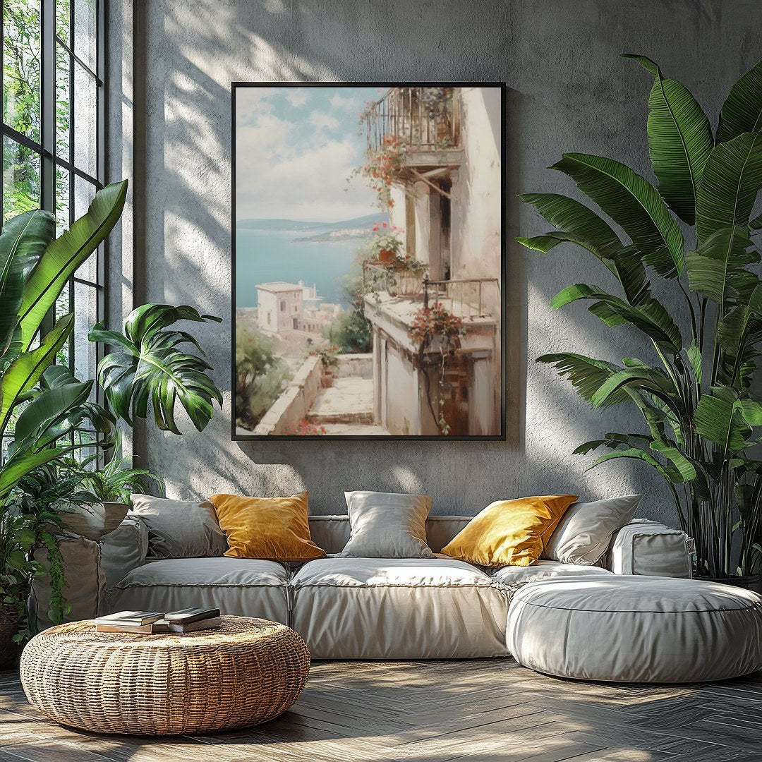 Experience the serene beauty of the Mediterranean with this captivating artwork. The interplay of for Balcony