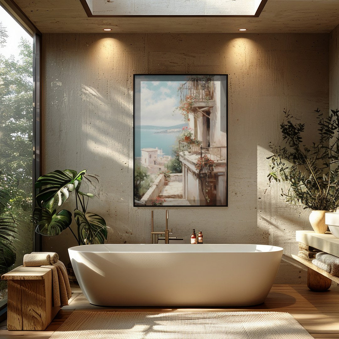 Experience the serene beauty of the Mediterranean with this captivating artwork. The interplay of for Bathroom