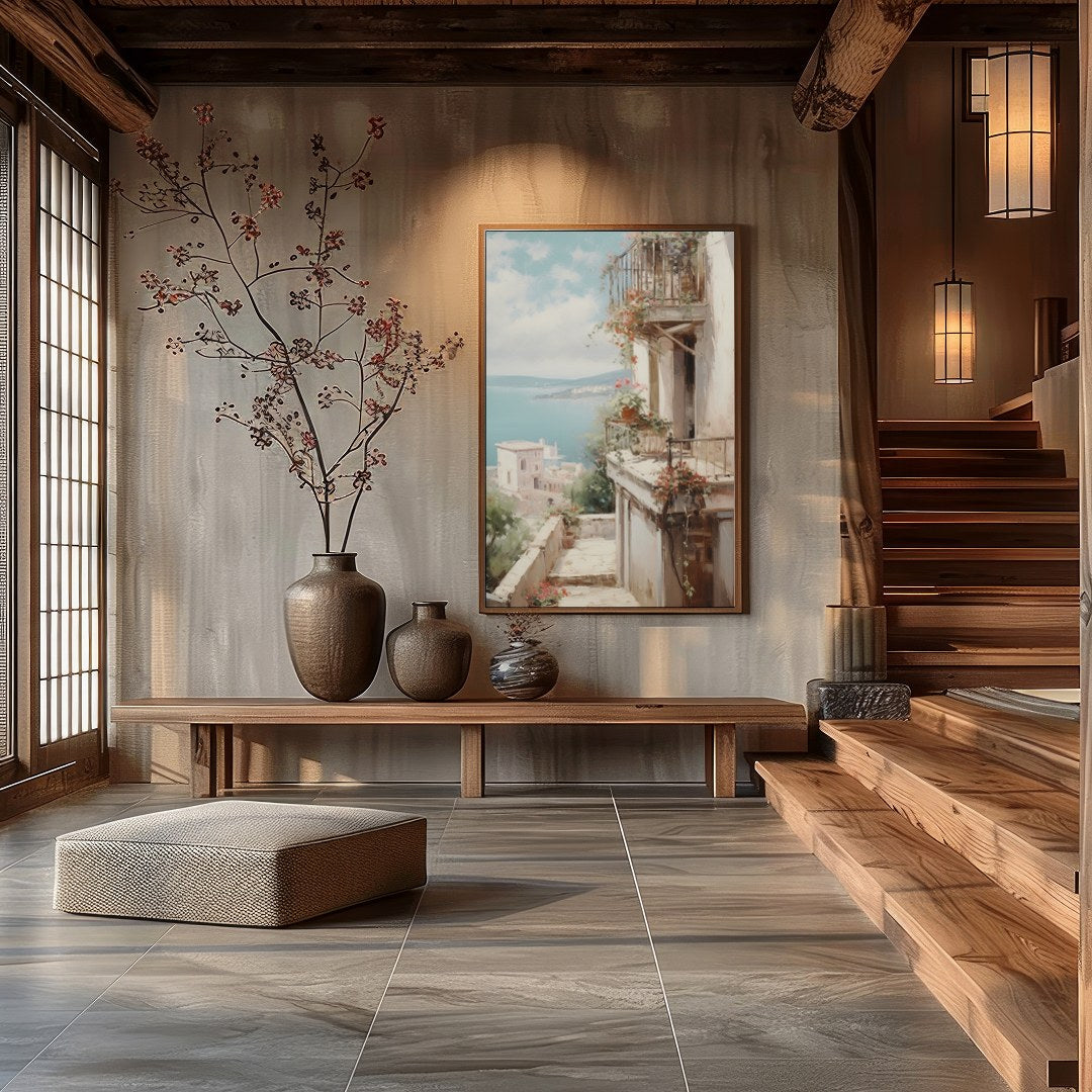Experience the serene beauty of the Mediterranean with this captivating artwork. The interplay of for Hall