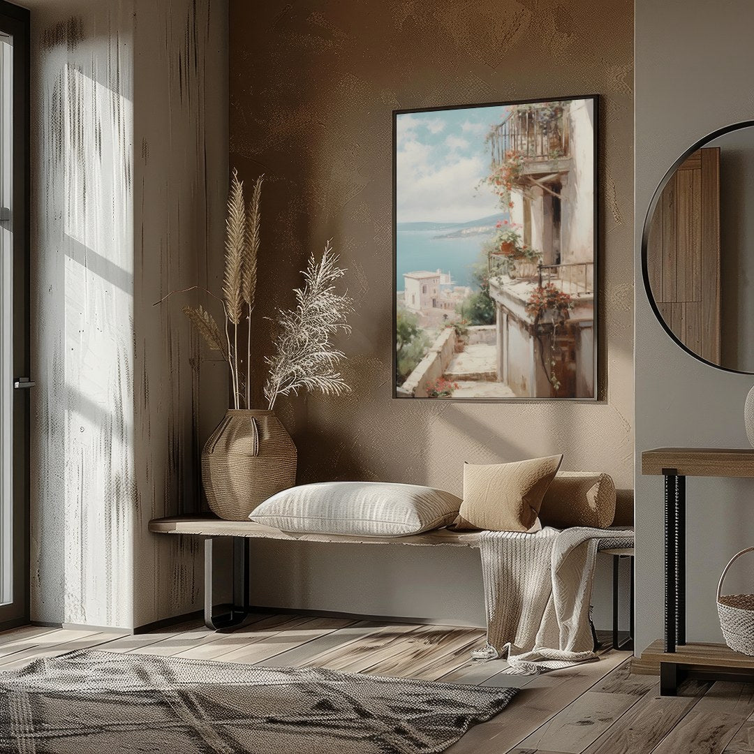 Experience the serene beauty of the Mediterranean with this captivating artwork. The interplay of for living-space