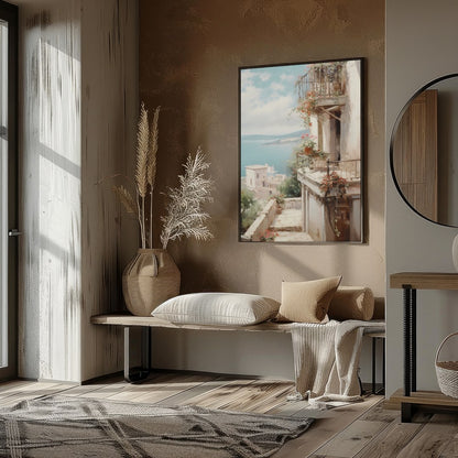 Experience the serene beauty of the Mediterranean with this captivating artwork. The interplay of for living-space