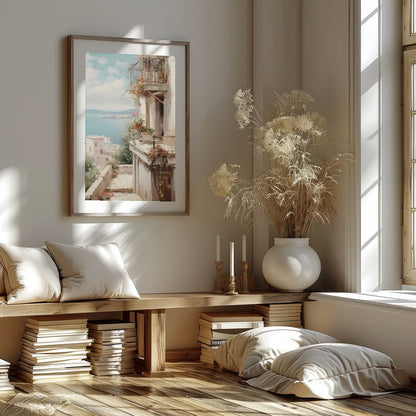 Experience the serene beauty of the Mediterranean with this captivating artwork. The interplay of for room