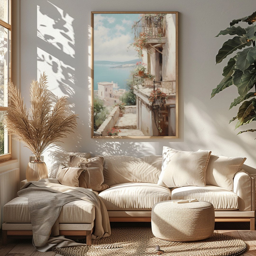 Experience the serene beauty of the Mediterranean with this captivating artwork. The interplay of for Sitting Area