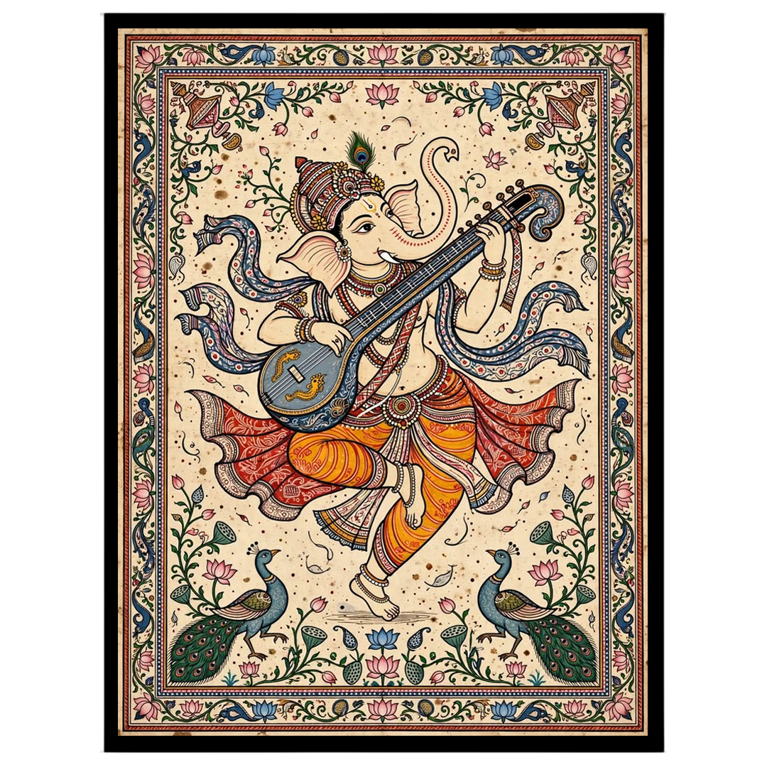 This exquisite artwork captures Lord Ganesha in a divine moment of musical harmony, playing a veena for decor