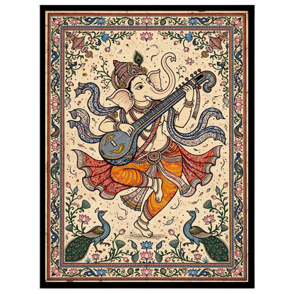 This exquisite artwork captures Lord Ganesha in a divine moment of musical harmony, playing a veena for decor