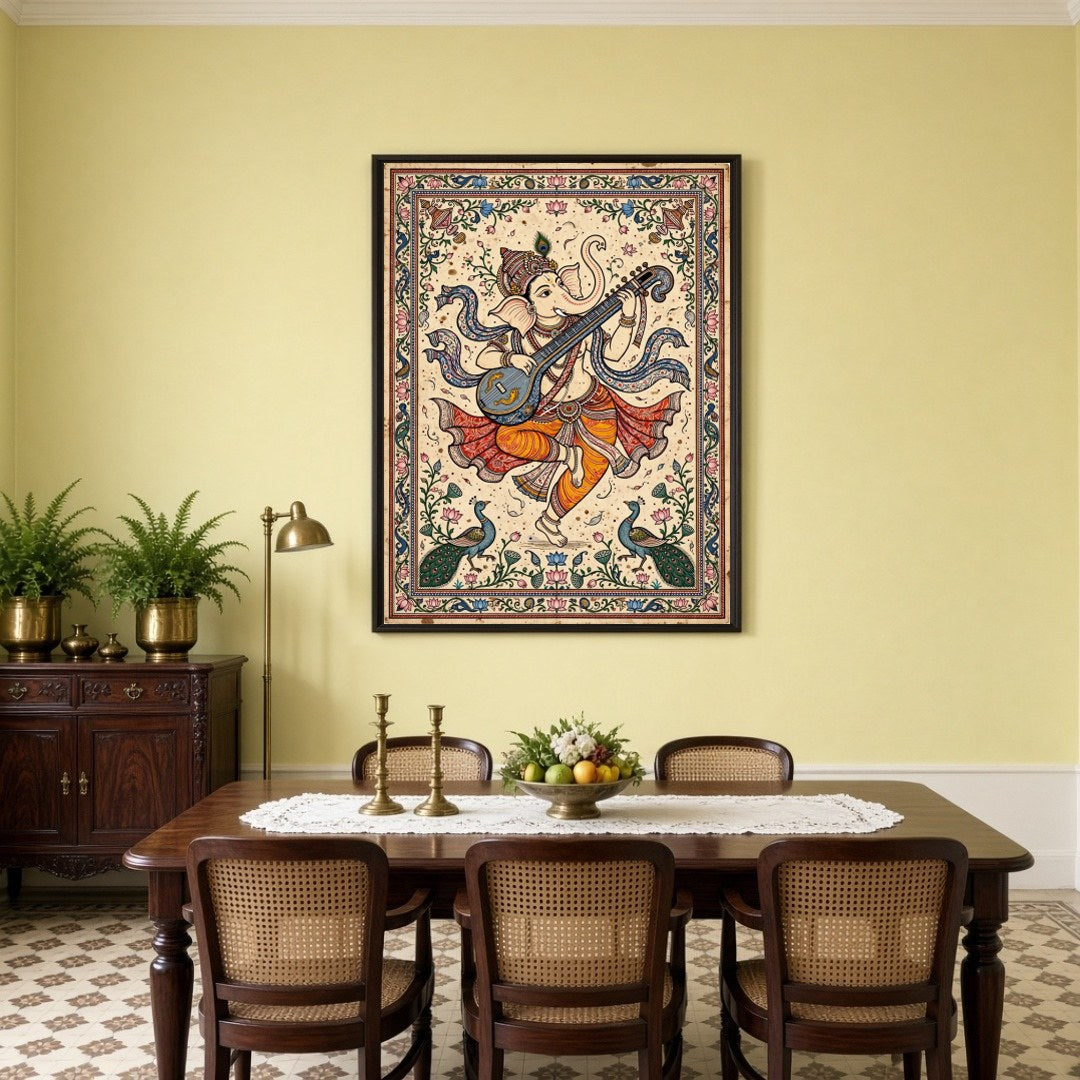 This exquisite artwork captures Lord Ganesha in a divine moment of musical harmony, playing a veena for Dining