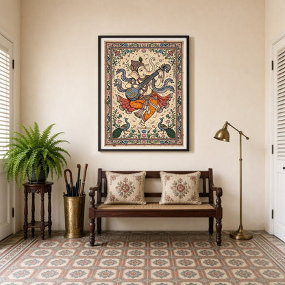 This exquisite artwork captures Lord Ganesha in a divine moment of musical harmony, playing a veena for Entrance