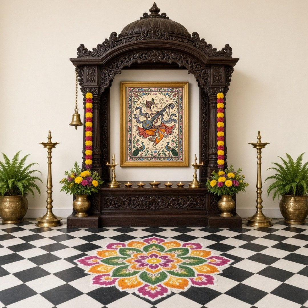 This exquisite artwork captures Lord Ganesha in a divine moment of musical harmony, playing a veena for Home Temple