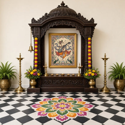 This exquisite artwork captures Lord Ganesha in a divine moment of musical harmony, playing a veena for Home Temple