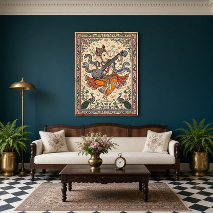 This exquisite artwork captures Lord Ganesha in a divine moment of musical harmony, playing a veena for Living Room
