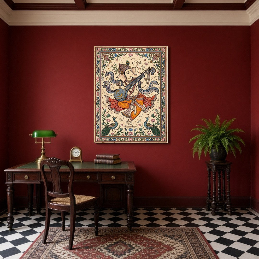 This exquisite artwork captures Lord Ganesha in a divine moment of musical harmony, playing a veena for Study