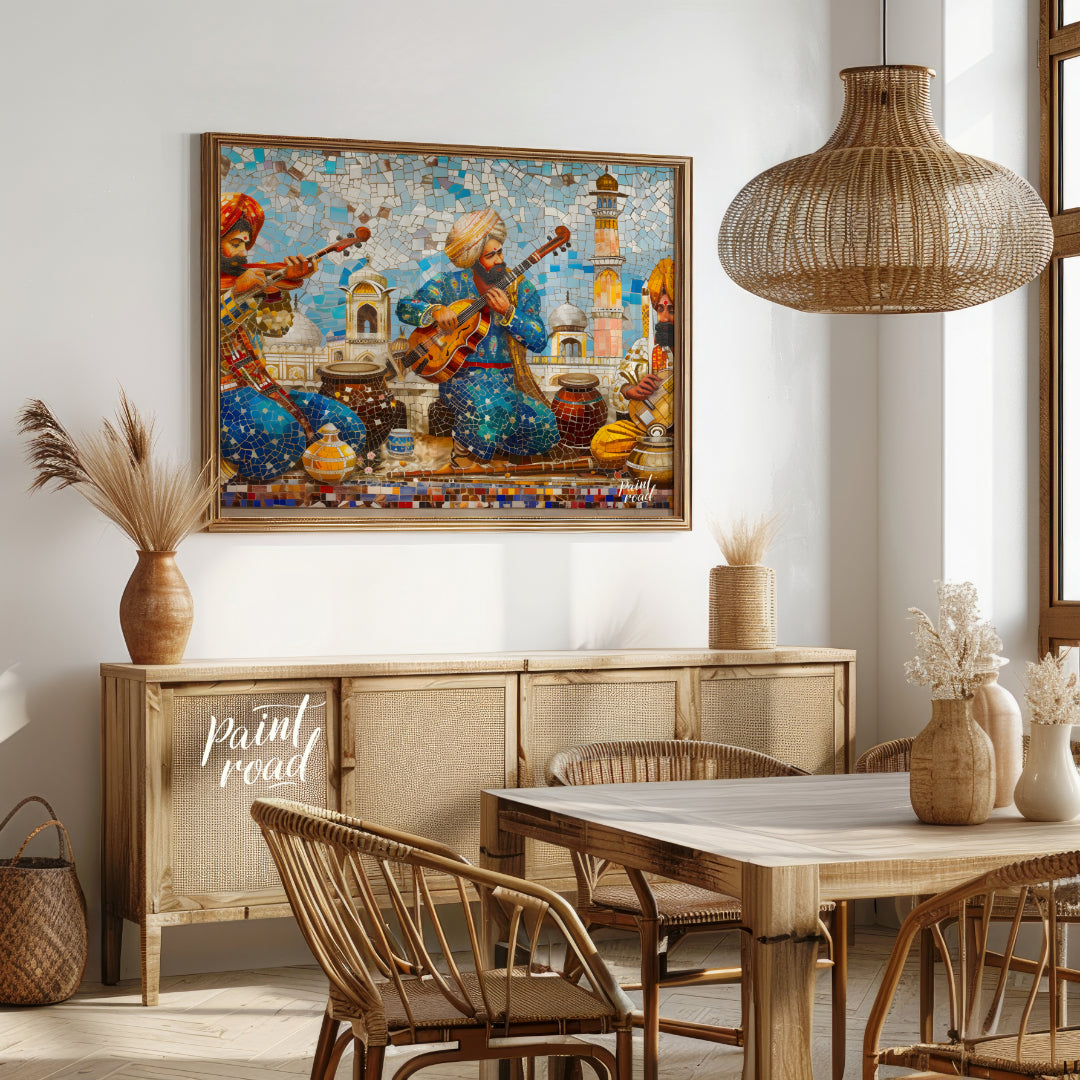 Immerse yourself in the vibrant tapestry of "Melodic Mosaic," a captivating artwork that harmonizes… for dining room
