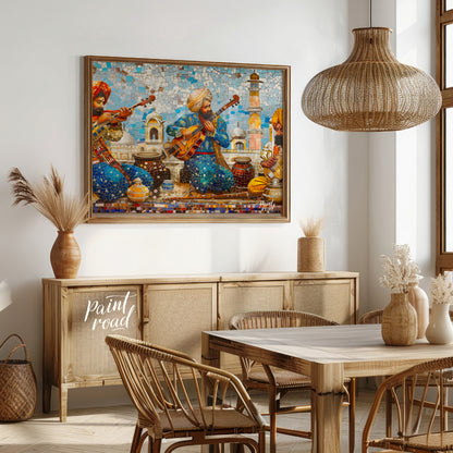 Immerse yourself in the vibrant tapestry of "Melodic Mosaic," a captivating artwork that harmonizes… for dining room