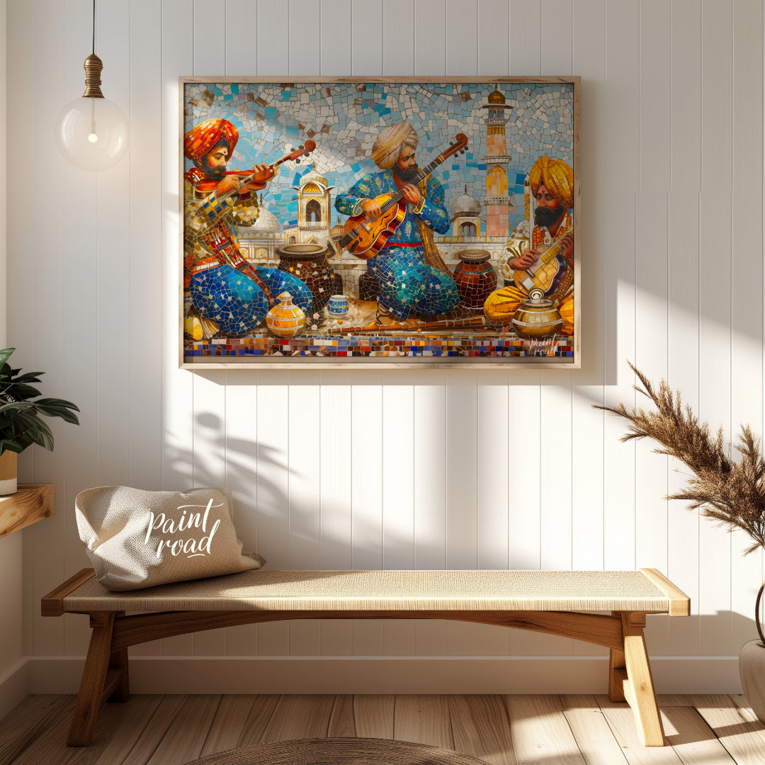 Immerse yourself in the vibrant tapestry of "Melodic Mosaic," a captivating artwork that harmonizes… for entryway