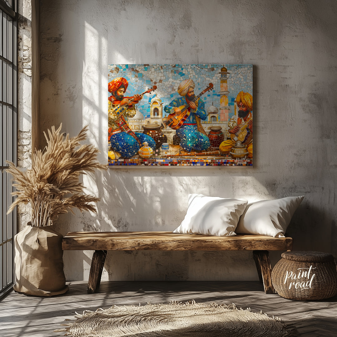 Immerse yourself in the vibrant tapestry of "Melodic Mosaic," a captivating artwork that harmonizes… for entryway