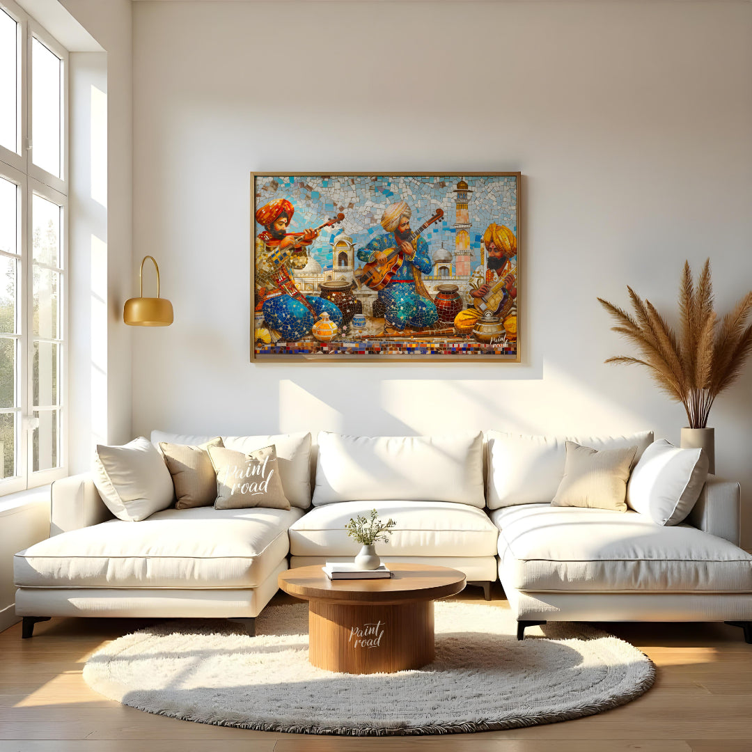 Immerse yourself in the vibrant tapestry of "Melodic Mosaic," a captivating artwork that harmonizes… for living room