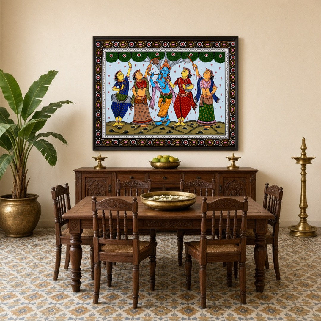 Immerse yourself in the enchanting scene of Lord Krishna playing his divine flute, capturing the for Dining