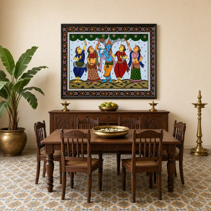 Immerse yourself in the enchanting scene of Lord Krishna playing his divine flute, capturing the for Dining
