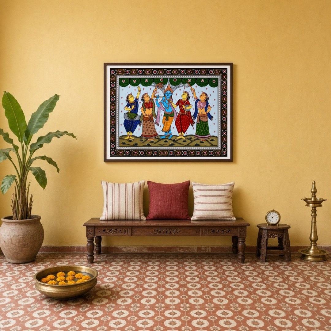 Immerse yourself in the enchanting scene of Lord Krishna playing his divine flute, capturing the for Entrance