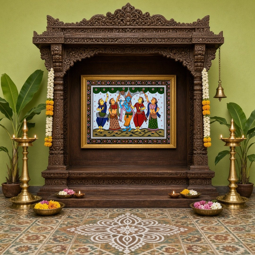 Immerse yourself in the enchanting scene of Lord Krishna playing his divine flute, capturing the for Home Temple