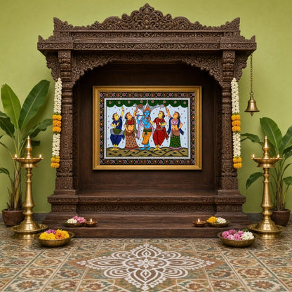 Immerse yourself in the enchanting scene of Lord Krishna playing his divine flute, capturing the for Home Temple