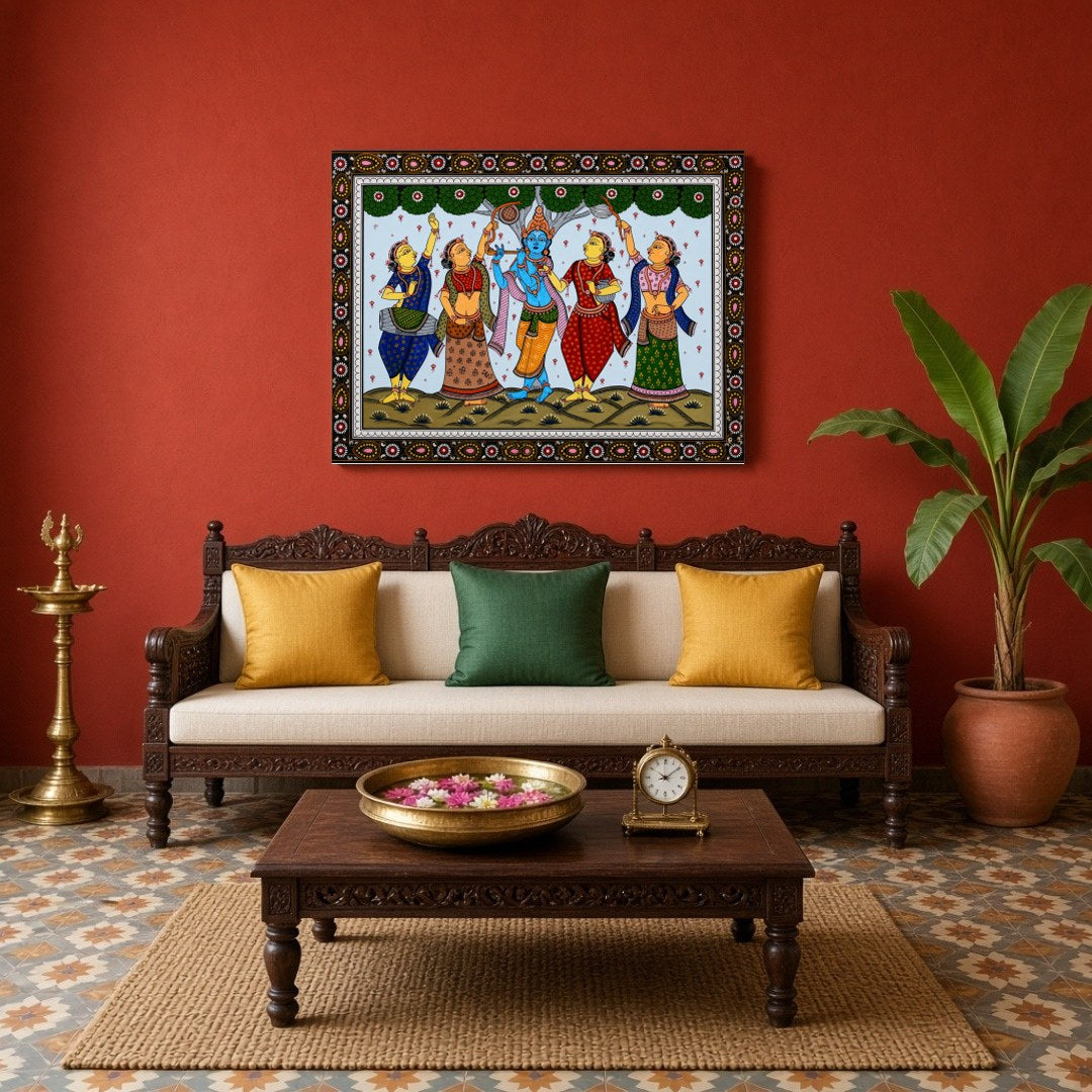 Immerse yourself in the enchanting scene of Lord Krishna playing his divine flute, capturing the for Living Room