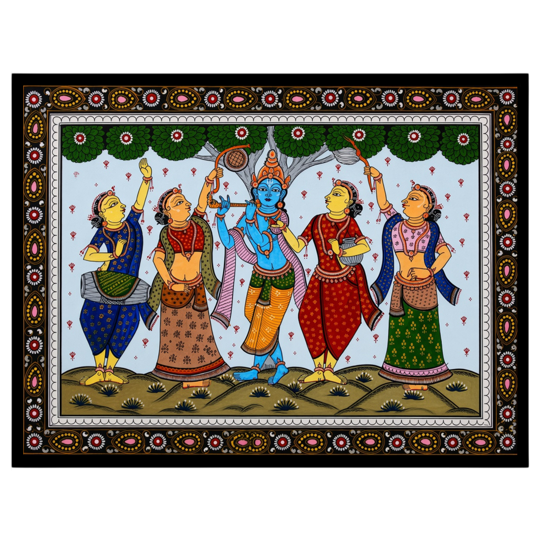 Immerse yourself in the enchanting scene of Lord Krishna playing his divine flute, capturing the for place
