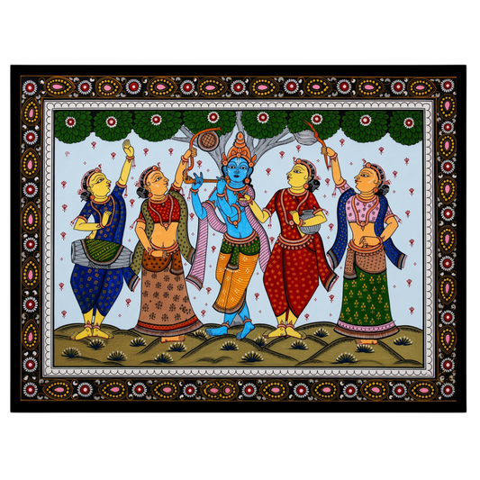 Immerse yourself in the enchanting scene of Lord Krishna playing his divine flute, capturing the for place