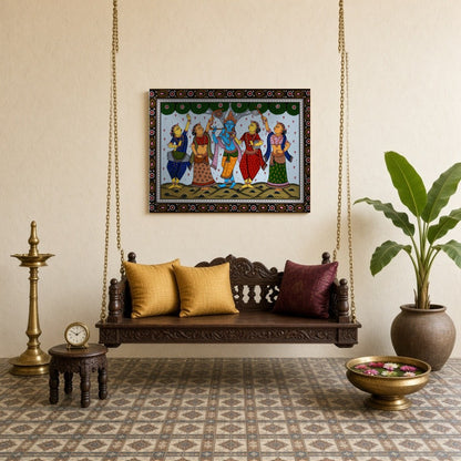 Immerse yourself in the enchanting scene of Lord Krishna playing his divine flute, capturing the for Sitting Lounge